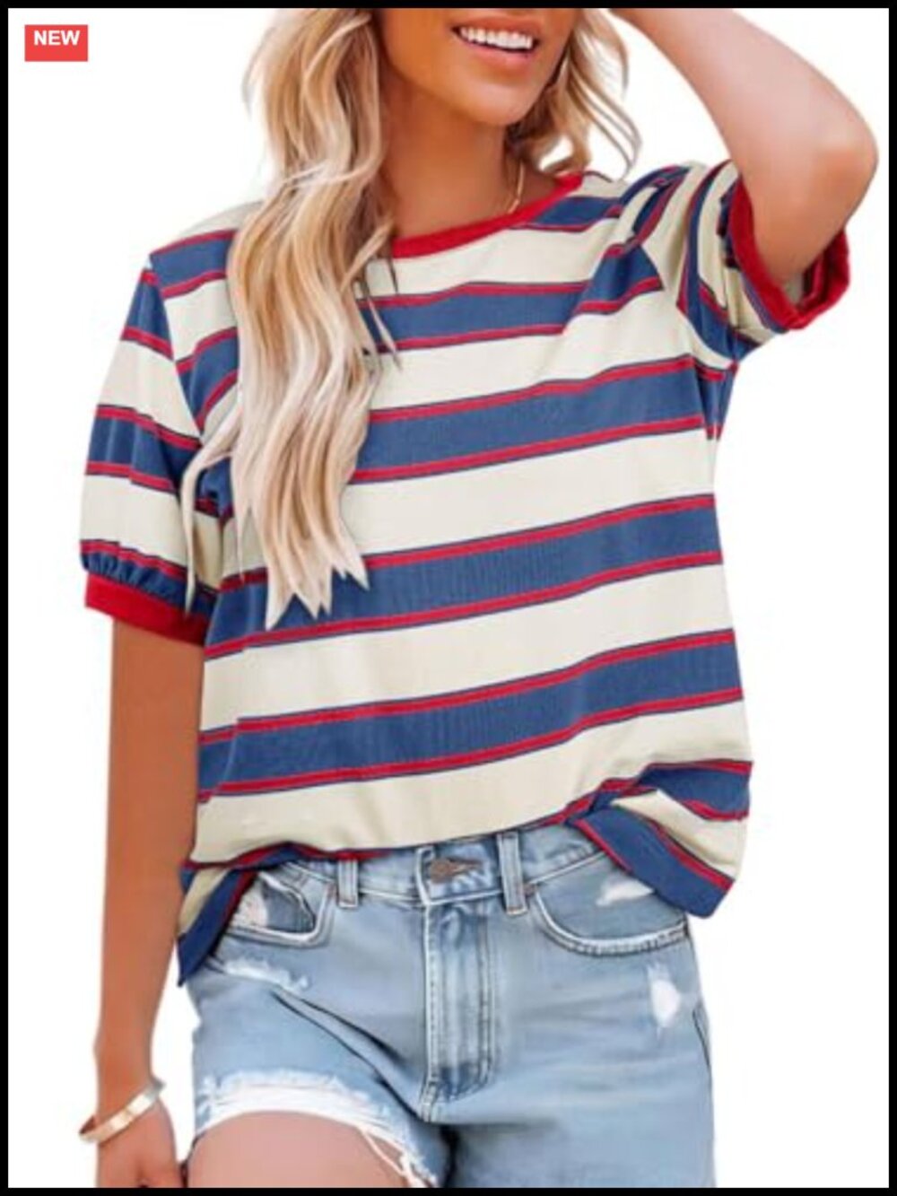 Womens Cotton Color Block Striped Short Sleeve Crewneck T-Shirt
